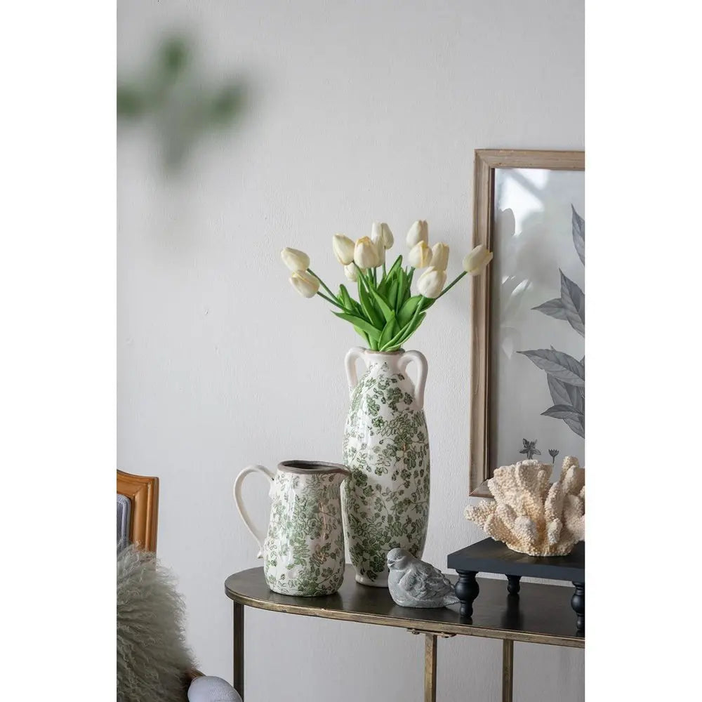 14" Green and White Leaf Amphora Ceramic Table Vase With Does Not Apply - NOBLE HOME INTERIORS