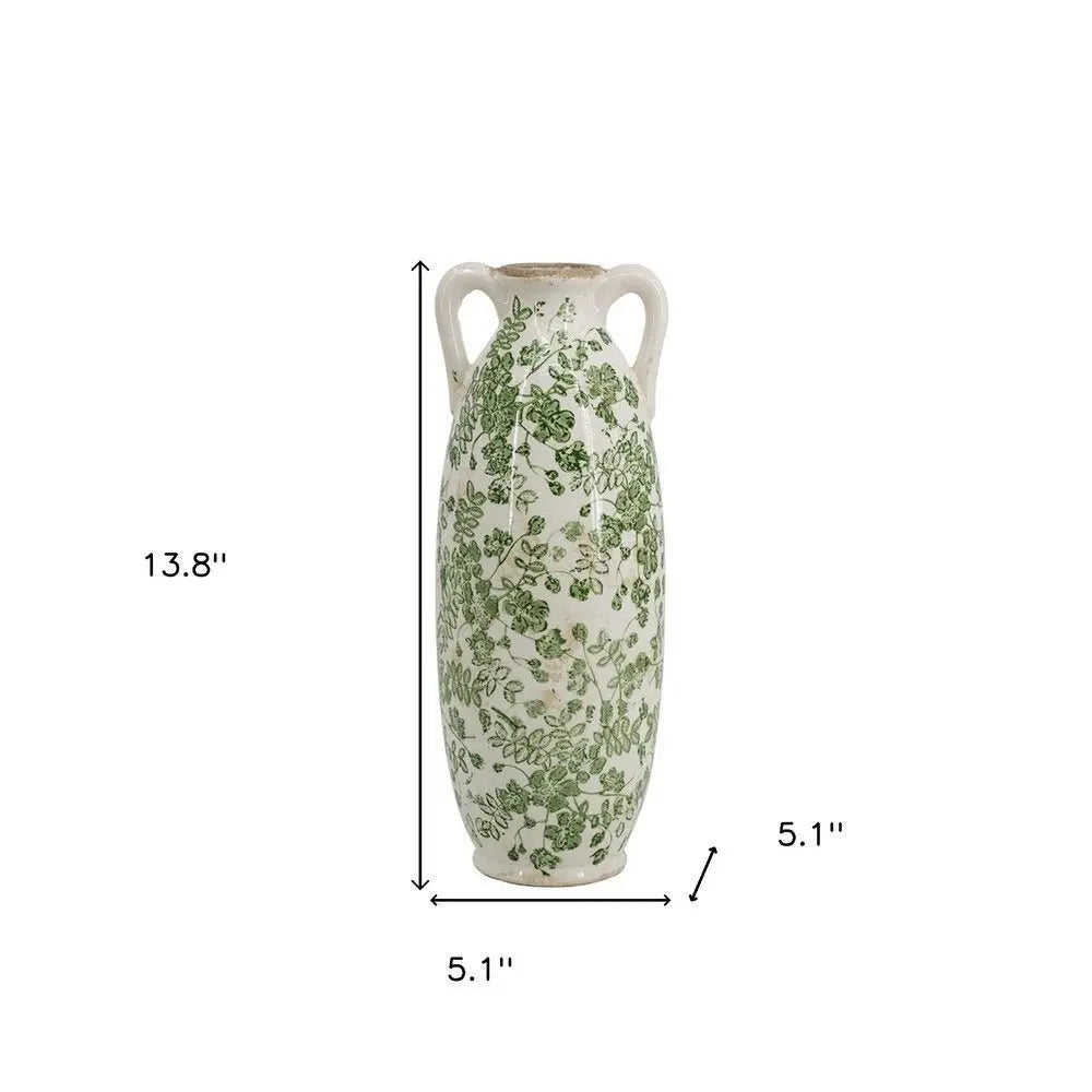 14" Green and White Leaf Amphora Ceramic Table Vase With Does Not Apply - NOBLE HOME INTERIORS