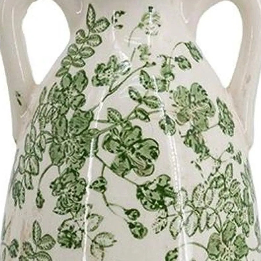 14" Green and White Leaf Amphora Ceramic Table Vase With Does Not Apply - NOBLE HOME INTERIORS