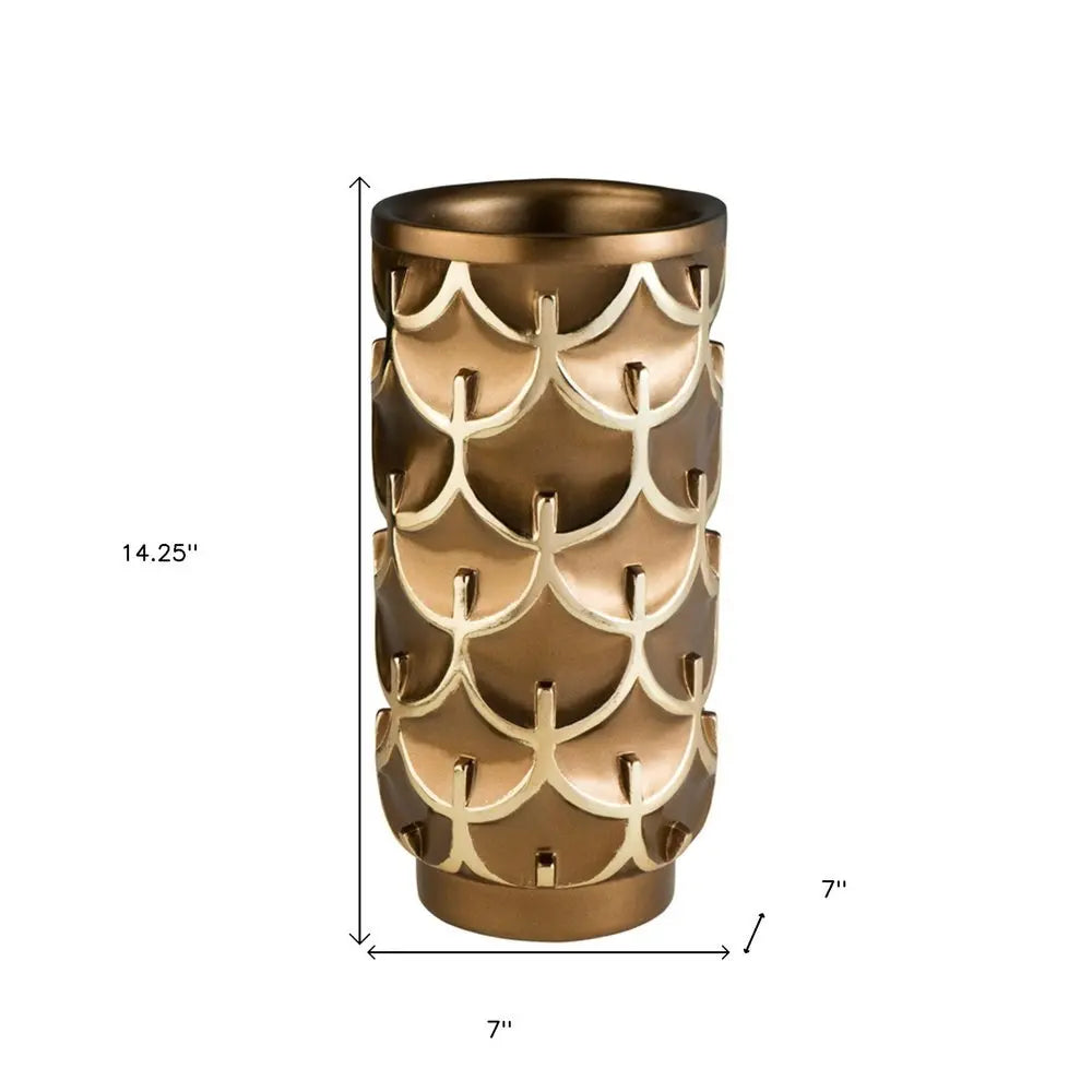 14" Polyresin Gold Geometric Cylinder Table Vase - NOBLE HOME INTERIORS