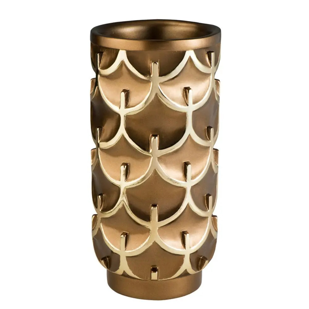 14" Polyresin Gold Geometric Cylinder Table Vase - NOBLE HOME INTERIORS