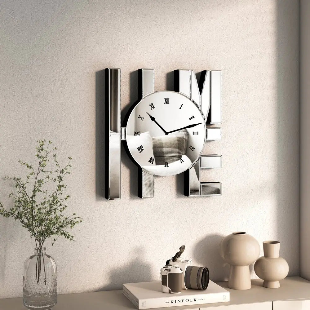 14" Silver Mirrored Glass Silent Analog Home Wall Clock - NOBLE HOME INTERIORS