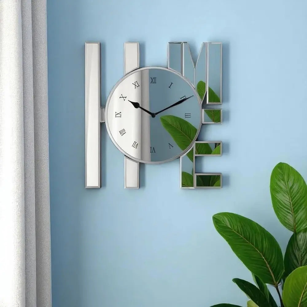 14" Silver Mirrored Glass Silent Analog Home Wall Clock - NOBLE HOME INTERIORS