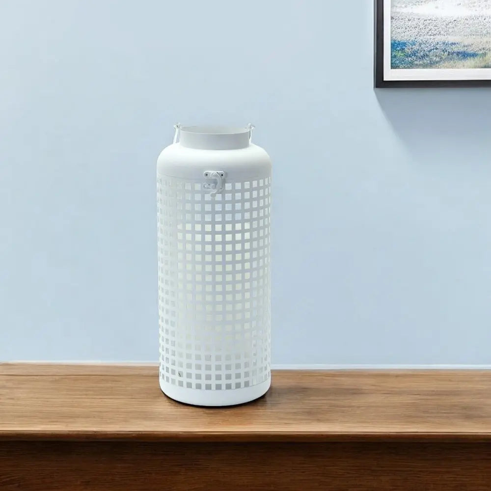 14" White Distressed Lattice Iron Floor Lantern Candle Holder - NOBLE HOME INTERIORS
