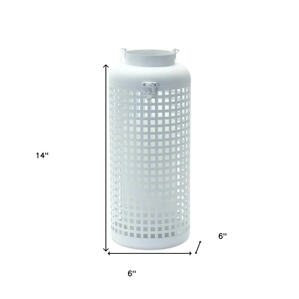 14" White Distressed Lattice Iron Floor Lantern Candle Holder - NOBLE HOME INTERIORS