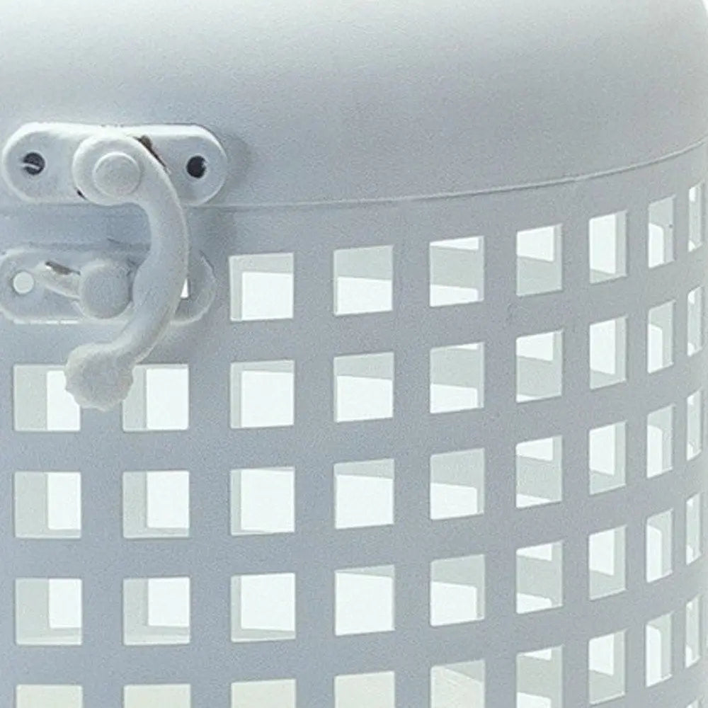 14" White Distressed Lattice Iron Floor Lantern Candle Holder - NOBLE HOME INTERIORS