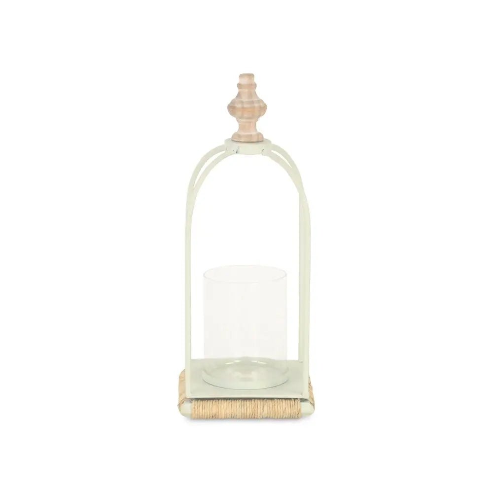 14" White Metal With Wood And Rope Tabletop Lantern Candle Holder HomeRoots