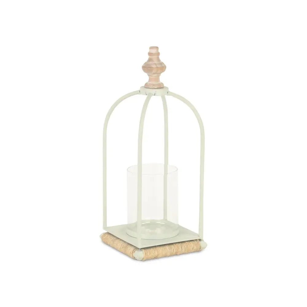 14" White Metal With Wood And Rope Tabletop Lantern Candle Holder HomeRoots