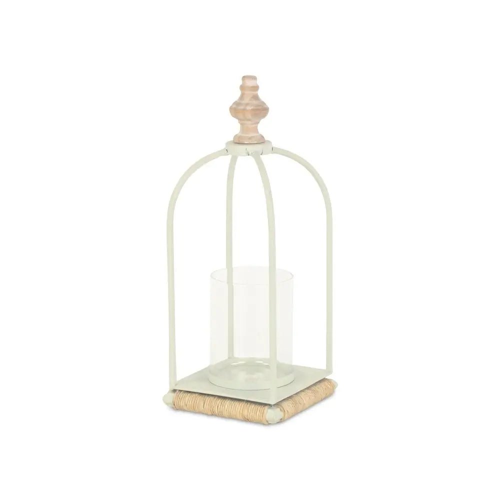 14" White Metal With Wood And Rope Tabletop Lantern Candle Holder HomeRoots