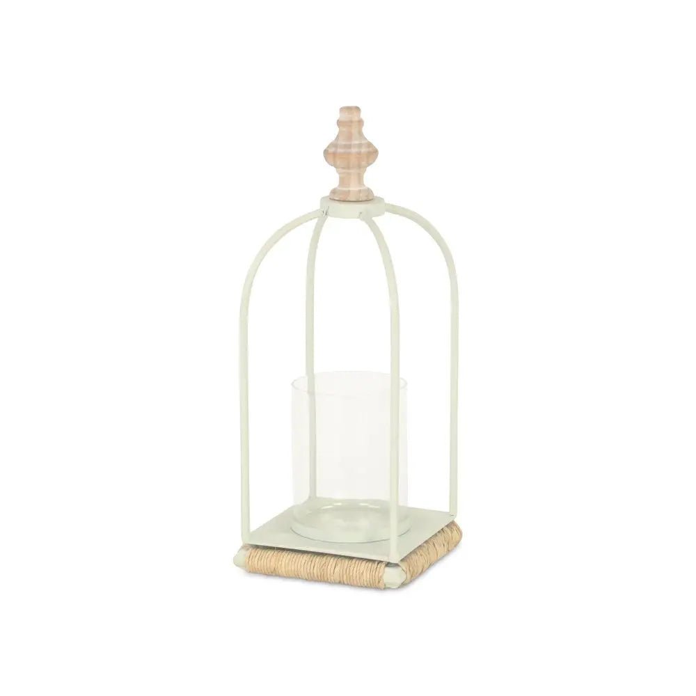 14" White Metal With Wood And Rope Tabletop Lantern Candle Holder HomeRoots