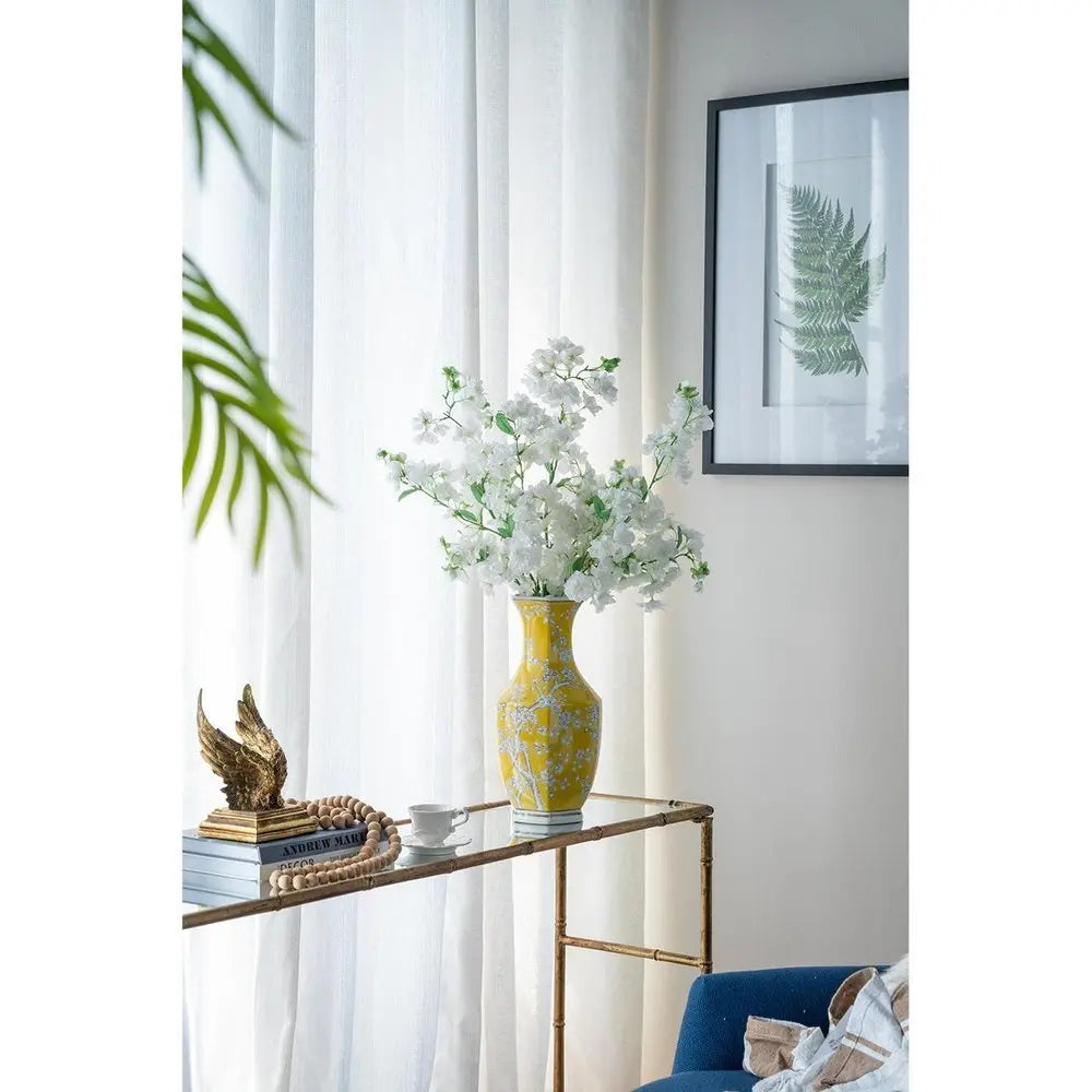 14" Yellow and White Porcelain Floral Round Table Vase - NOBLE HOME INTERIORS