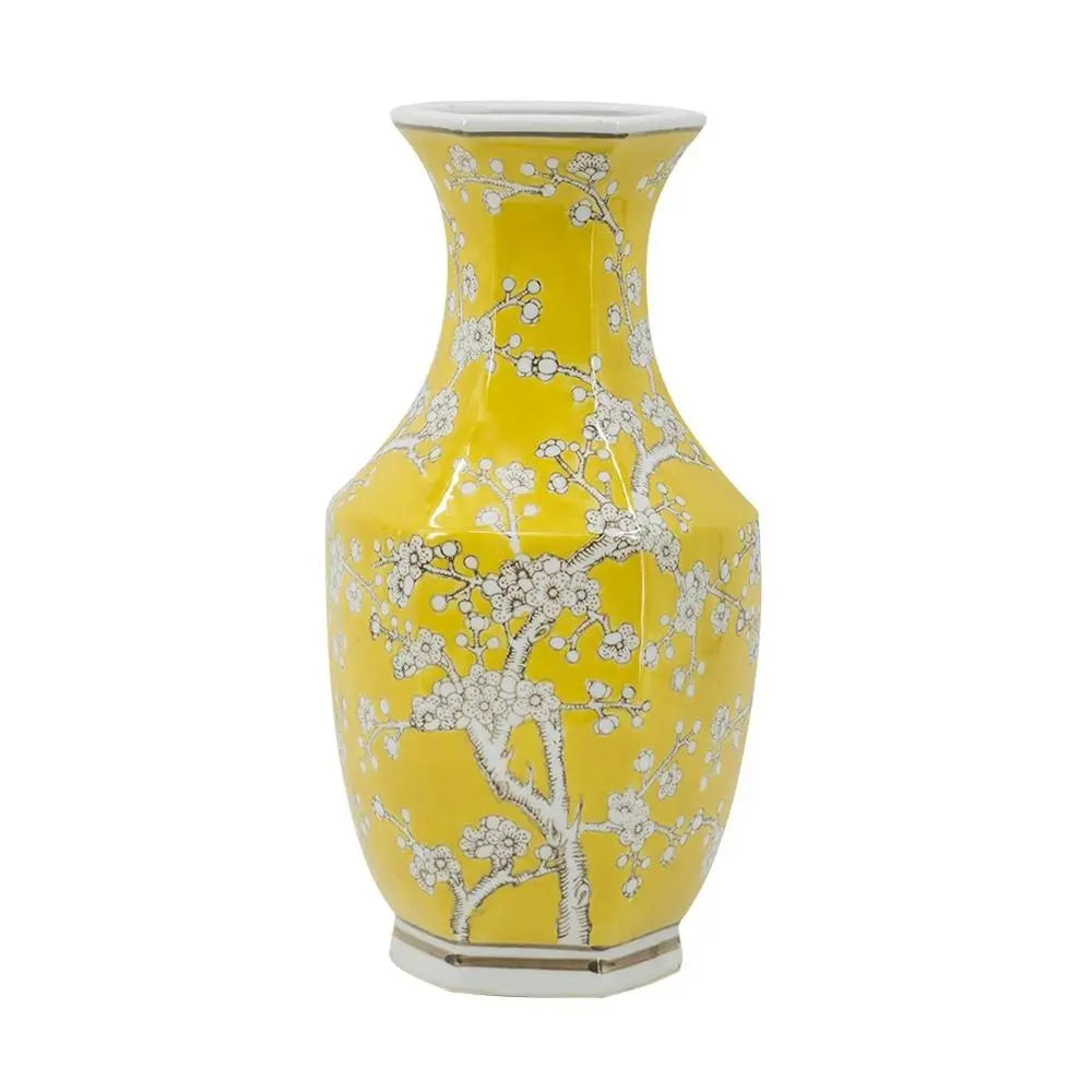 14" Yellow and White Porcelain Floral Round Table Vase - NOBLE HOME INTERIORS