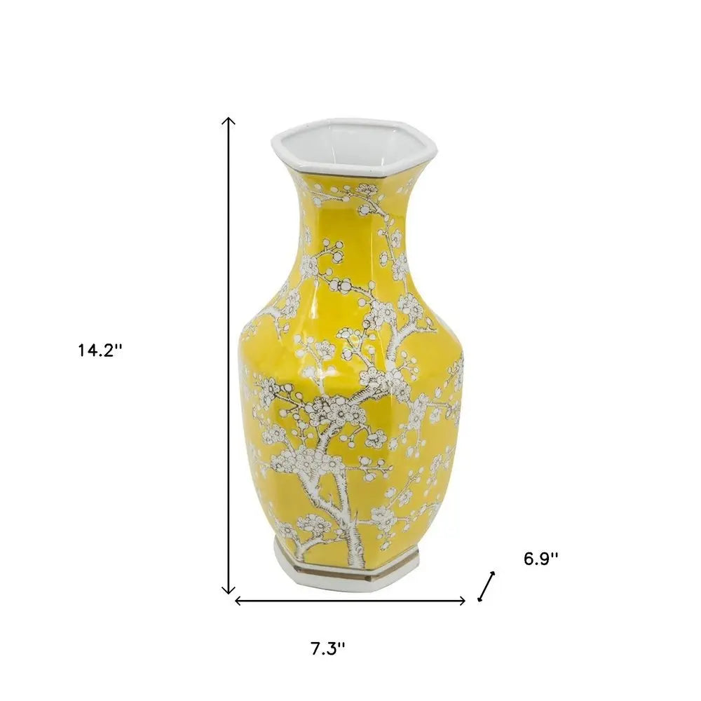 14" Yellow and White Porcelain Floral Round Table Vase - NOBLE HOME INTERIORS