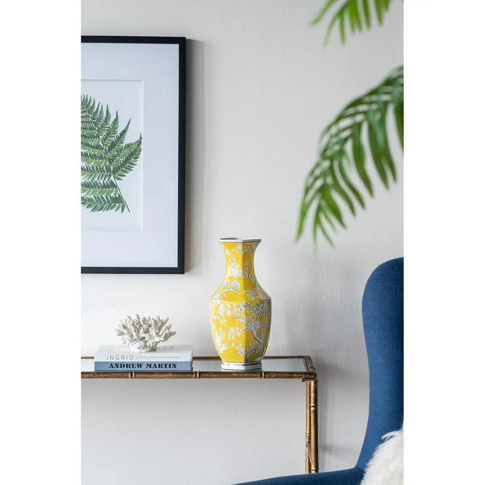 14" Yellow and White Porcelain Floral Round Table Vase - NOBLE HOME INTERIORS