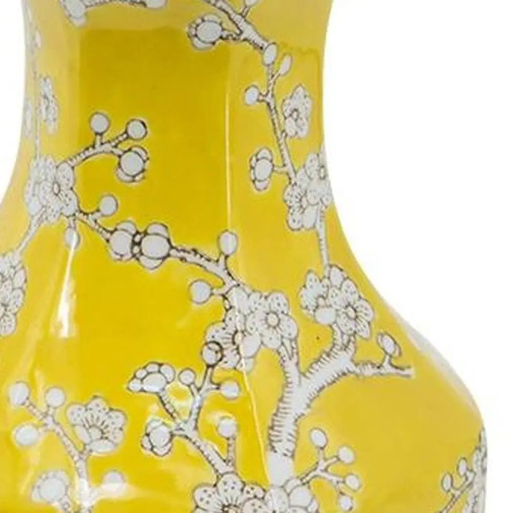 14" Yellow and White Porcelain Floral Round Table Vase - NOBLE HOME INTERIORS