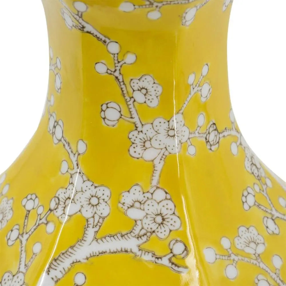 14" Yellow and White Porcelain Floral Round Table Vase - NOBLE HOME INTERIORS
