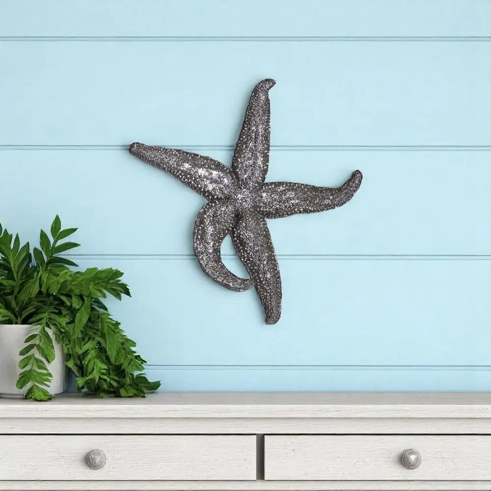 15" Antiqued Silver Resin Starfish Hanging Dimensional Sculpture - NOBLE HOME INTERIORS