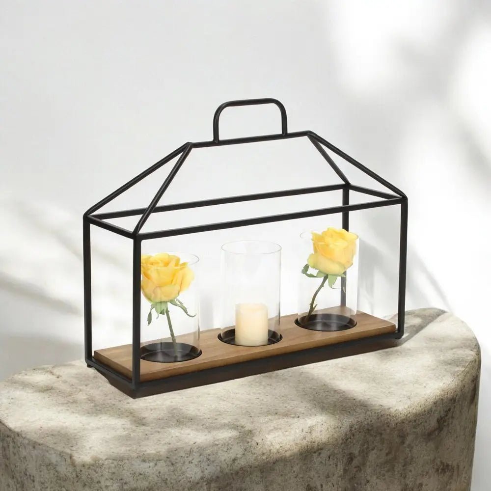 15" Black Metal Glass And Wood Geometric Three Light Hurricane Candle Holder HomeRoots