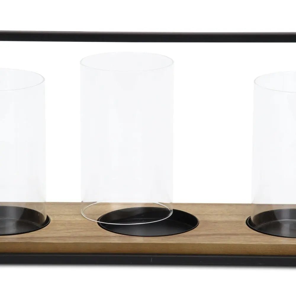 15" Black Metal Glass And Wood Geometric Three Light Hurricane Candle Holder HomeRoots