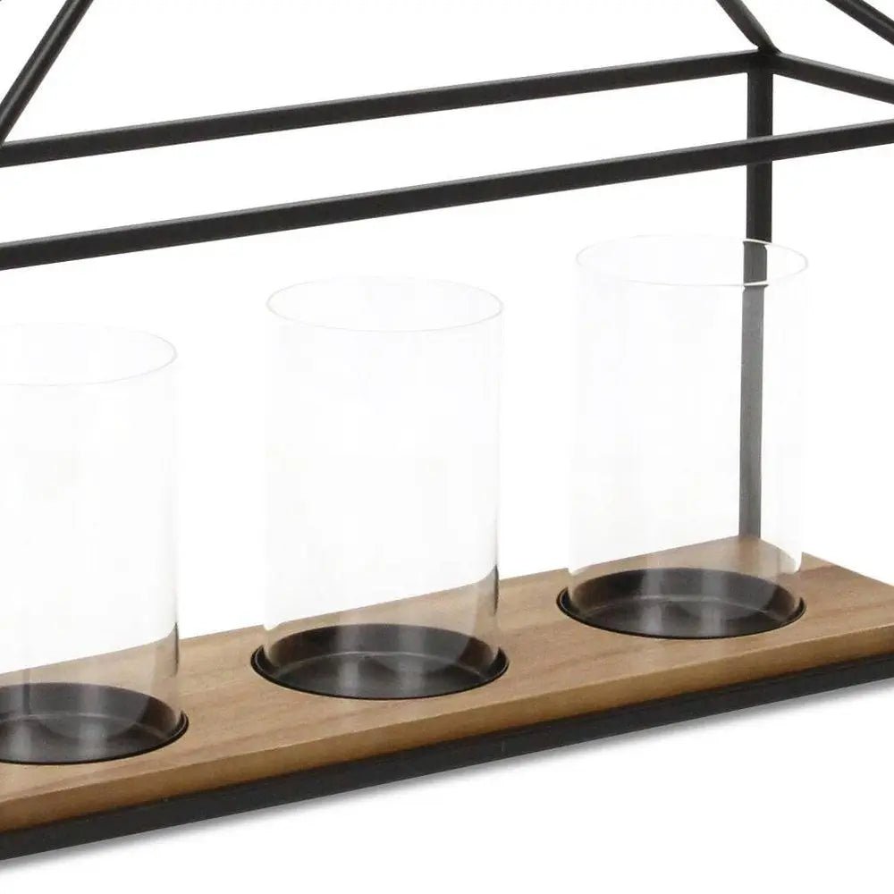 15" Black Metal Glass And Wood Geometric Three Light Hurricane Candle Holder HomeRoots