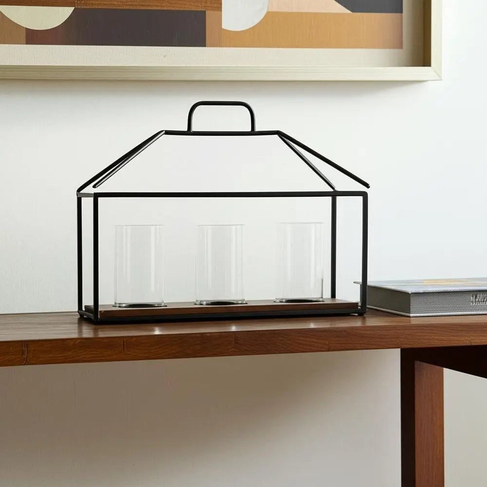 15" Black Metal Glass And Wood Geometric Three Light Hurricane Candle Holder HomeRoots