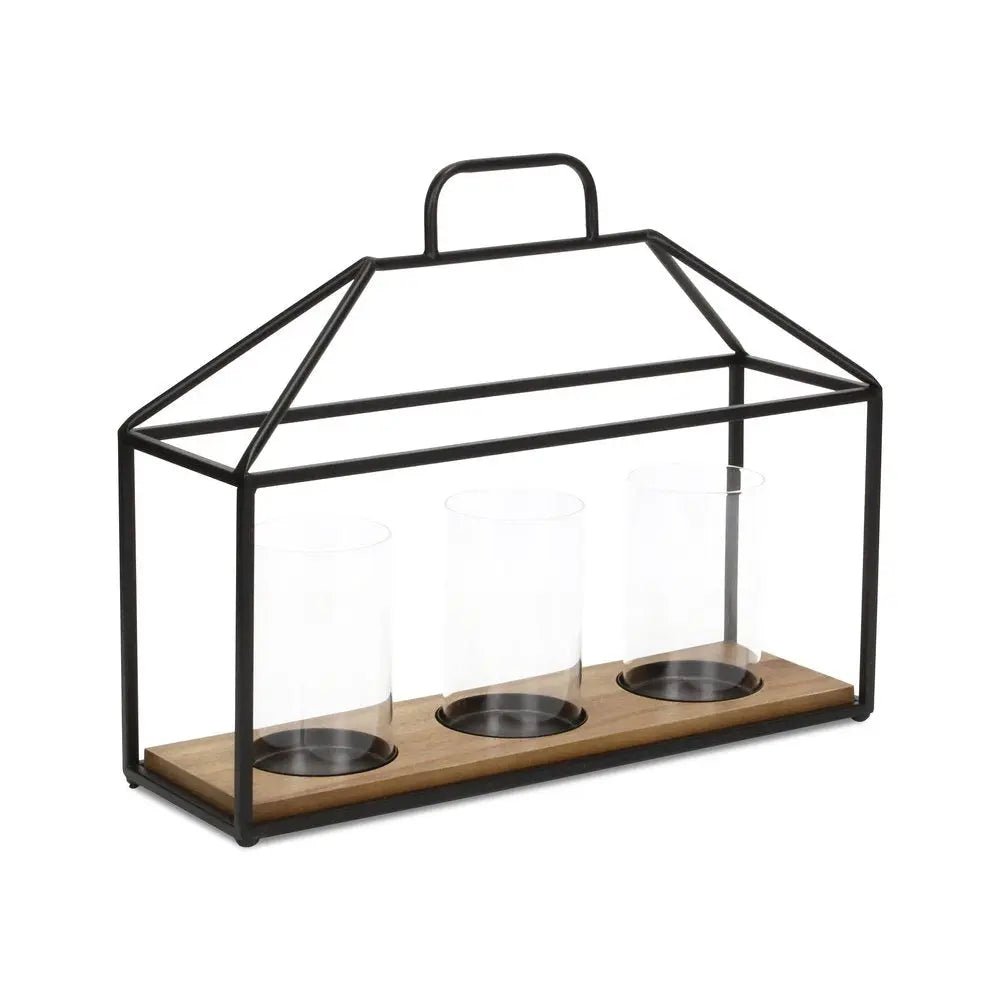 15" Black Metal Glass And Wood Geometric Three Light Hurricane Candle Holder HomeRoots