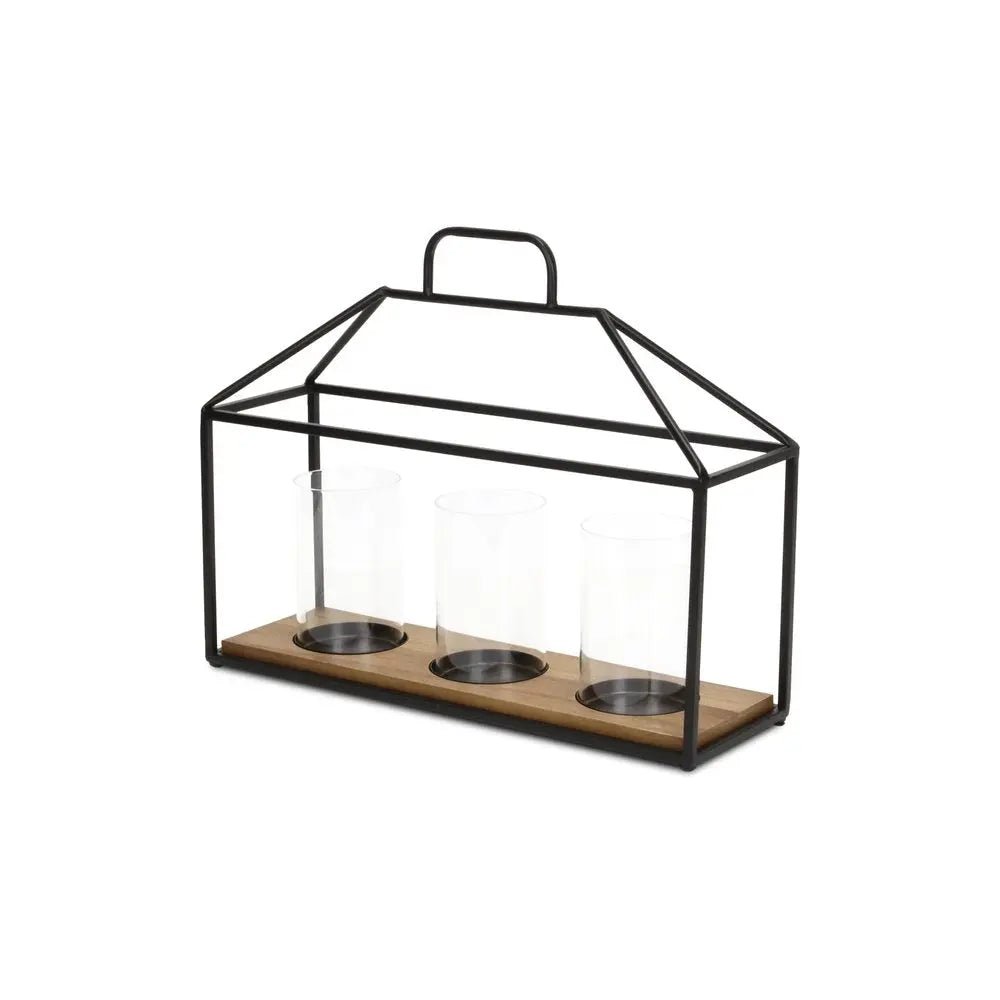 15" Black Metal Glass And Wood Geometric Three Light Hurricane Candle Holder HomeRoots