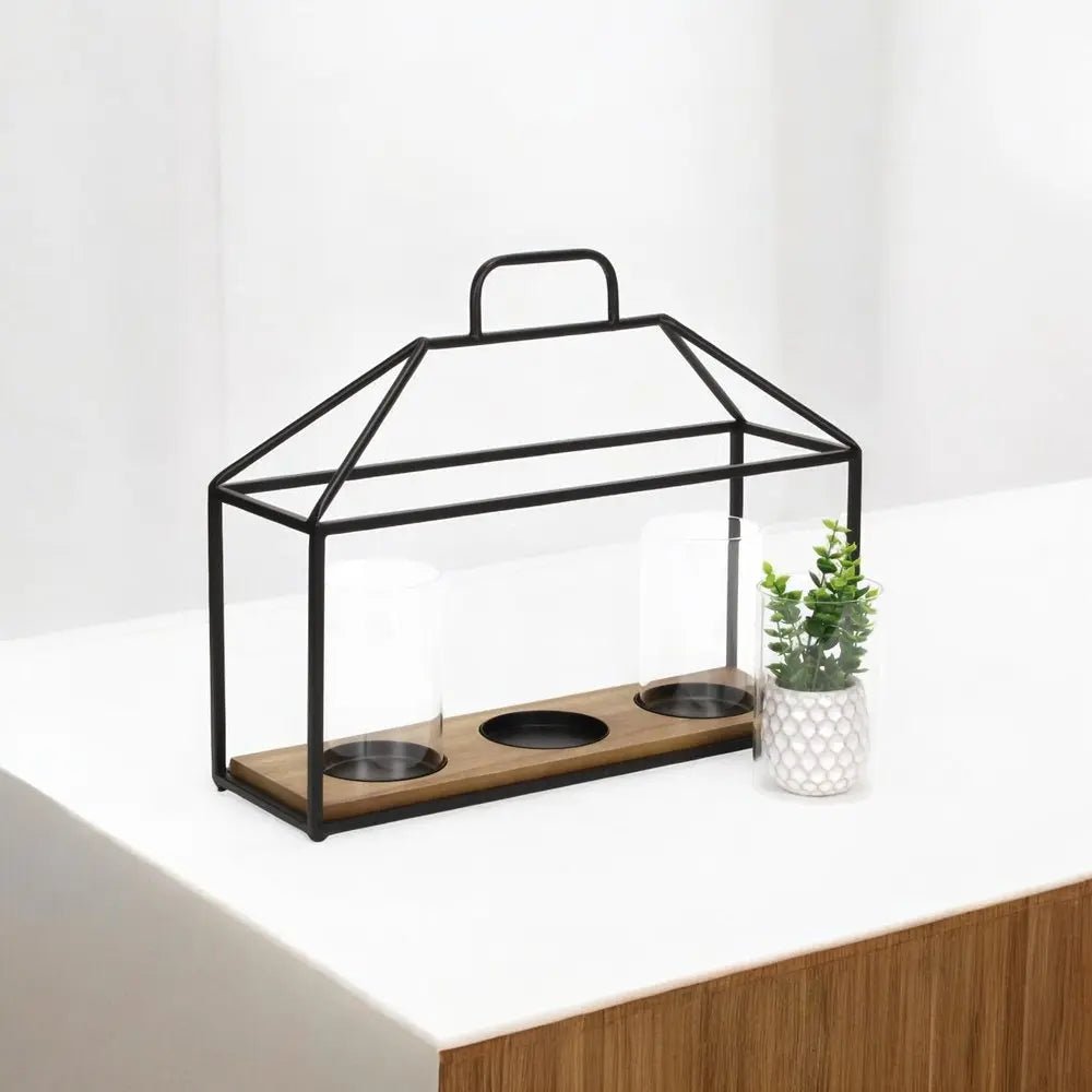 15" Black Metal Glass And Wood Geometric Three Light Hurricane Candle Holder HomeRoots