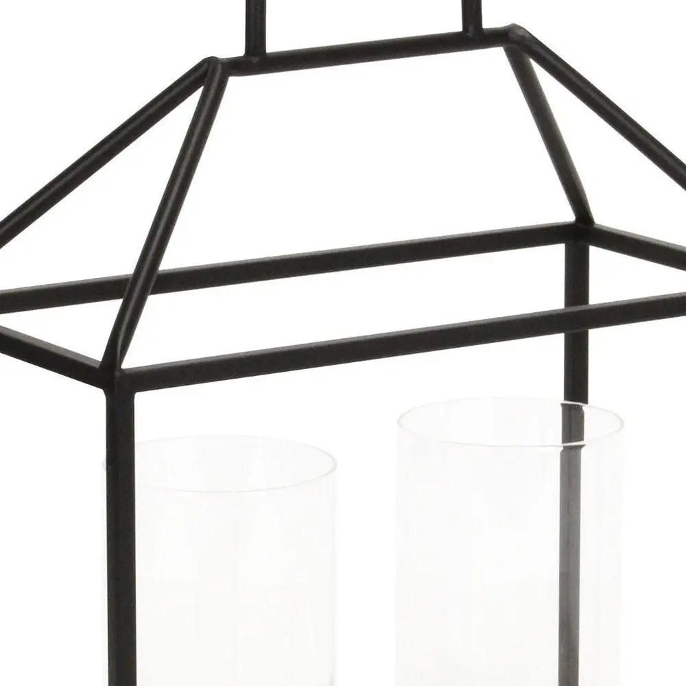 15" Black Metal Glass And Wood Geometric Two Light Hurricane Candle Holder HomeRoots