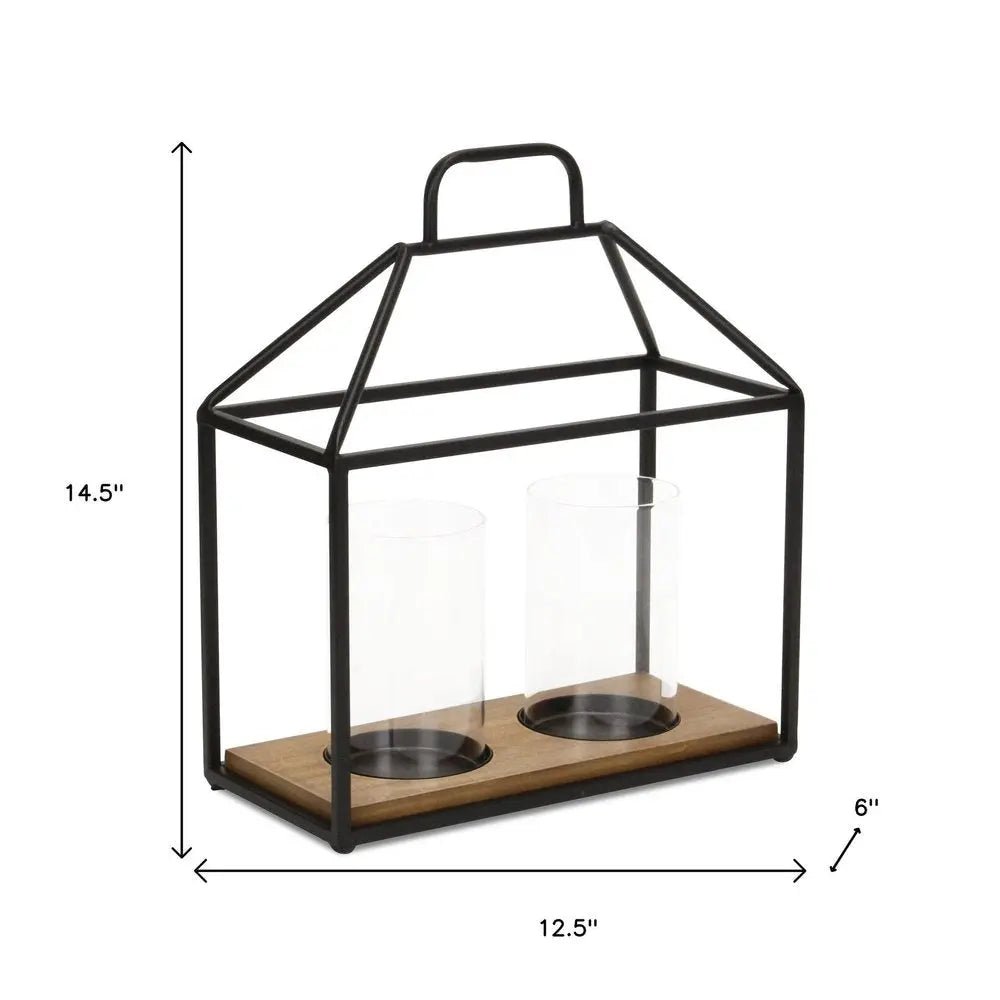 15" Black Metal Glass And Wood Geometric Two Light Hurricane Candle Holder HomeRoots