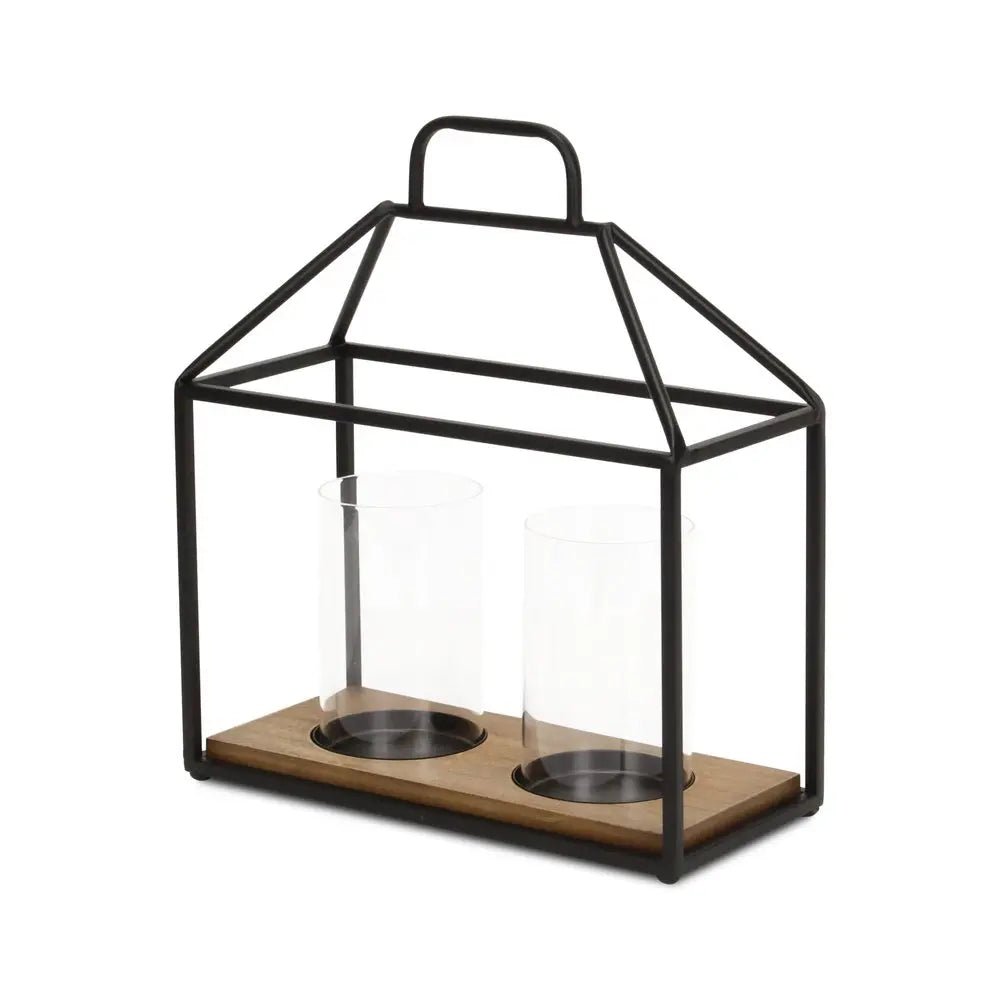 15" Black Metal Glass And Wood Geometric Two Light Hurricane Candle Holder HomeRoots