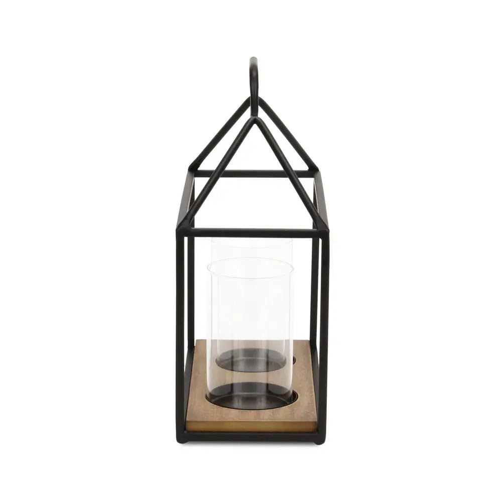 15" Black Metal Glass And Wood Geometric Two Light Hurricane Candle Holder HomeRoots