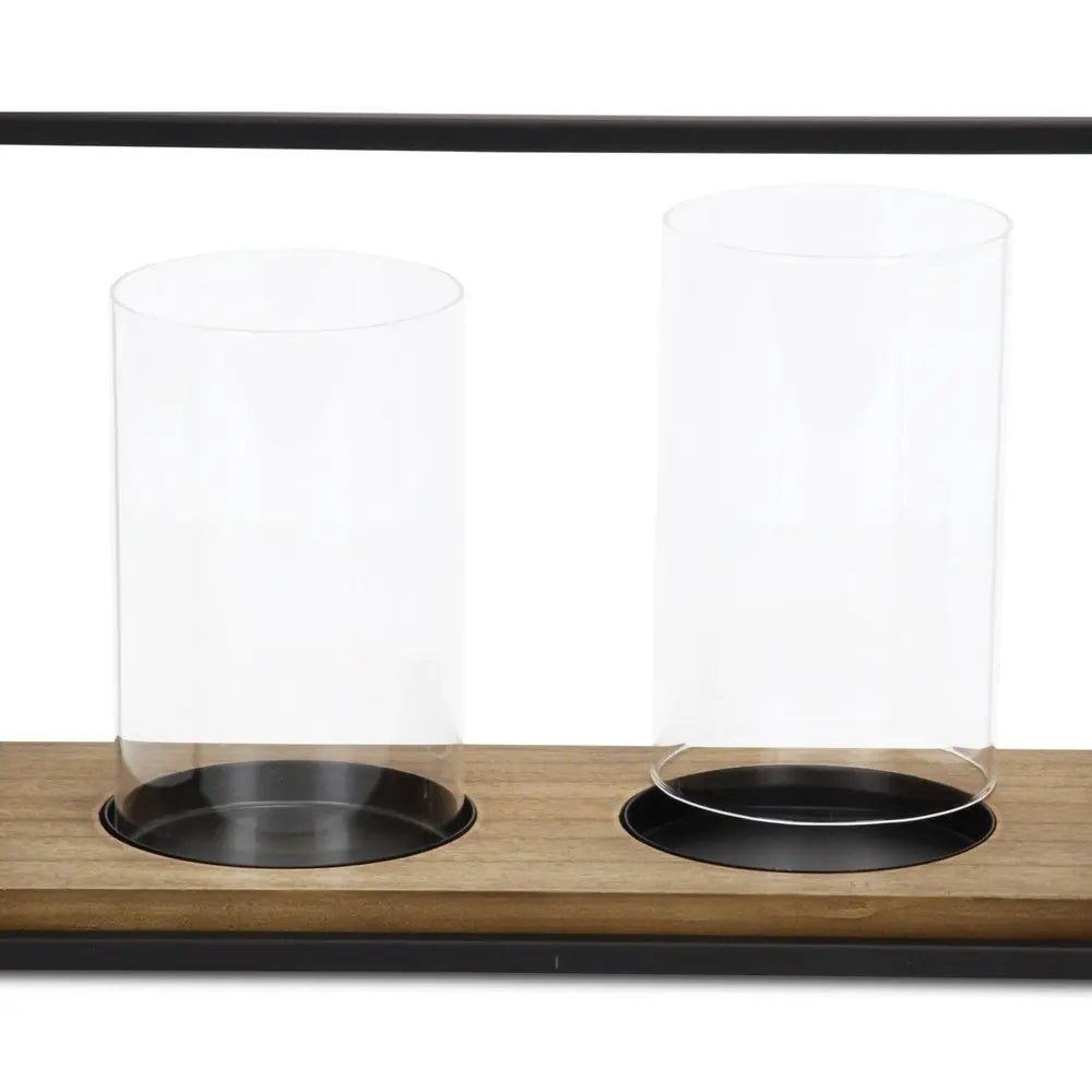 15" Black Metal Glass And Wood Geometric Two Light Hurricane Candle Holder HomeRoots
