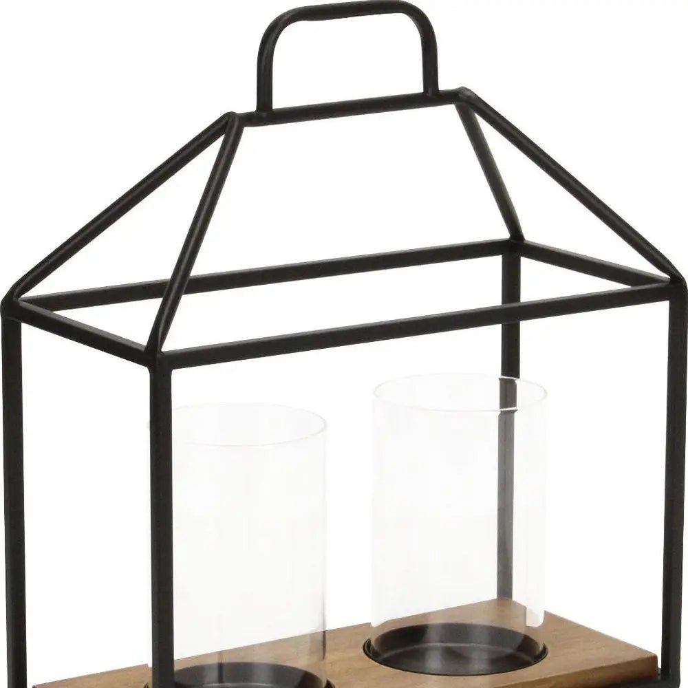 15" Black Metal Glass And Wood Geometric Two Light Hurricane Candle Holder HomeRoots