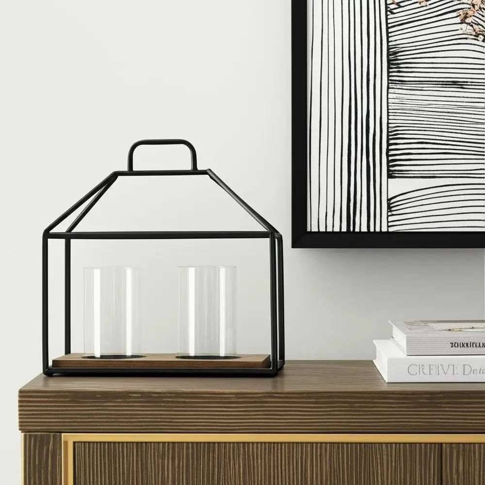 15" Black Metal Glass And Wood Geometric Two Light Hurricane Candle Holder HomeRoots