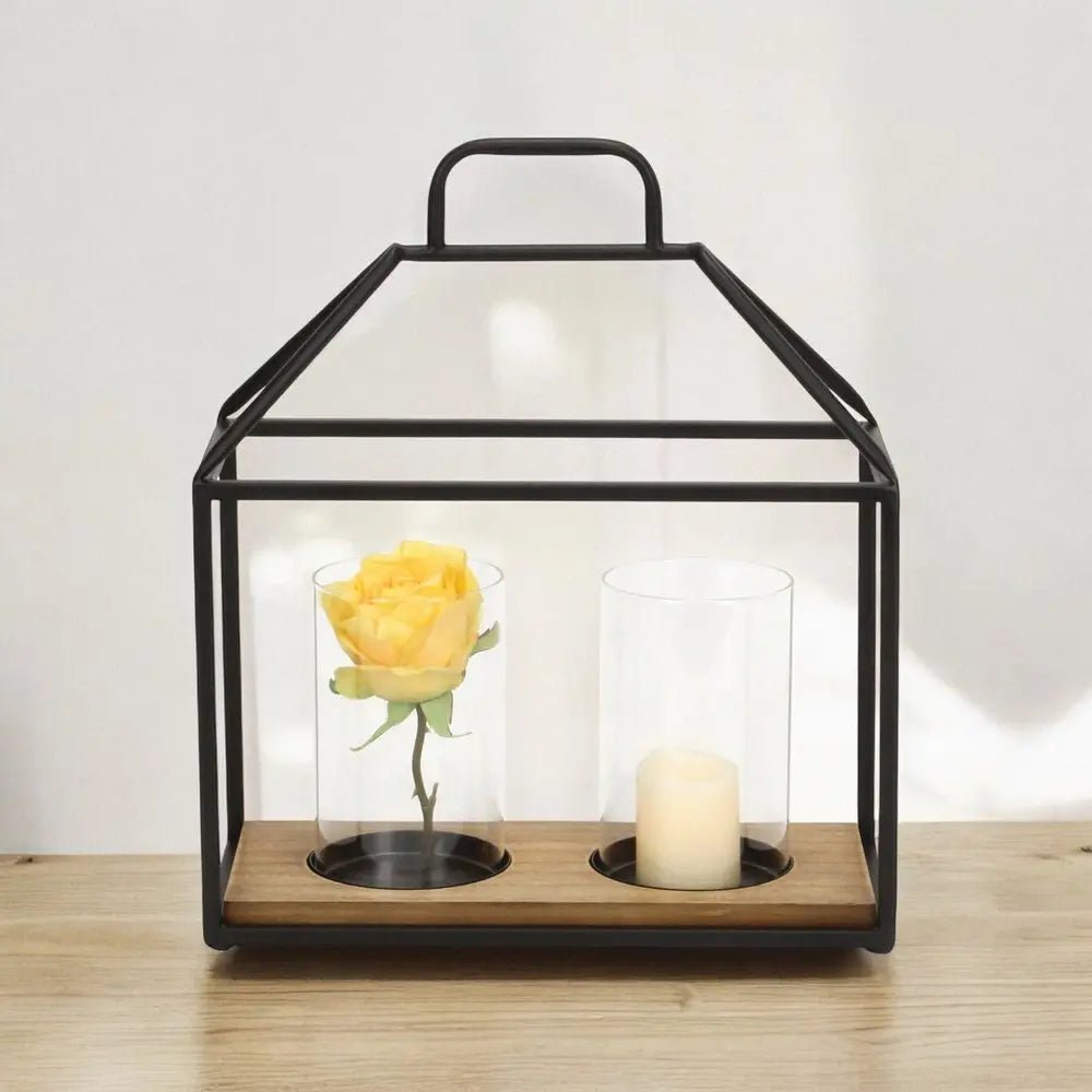 15" Black Metal Glass And Wood Geometric Two Light Hurricane Candle Holder HomeRoots