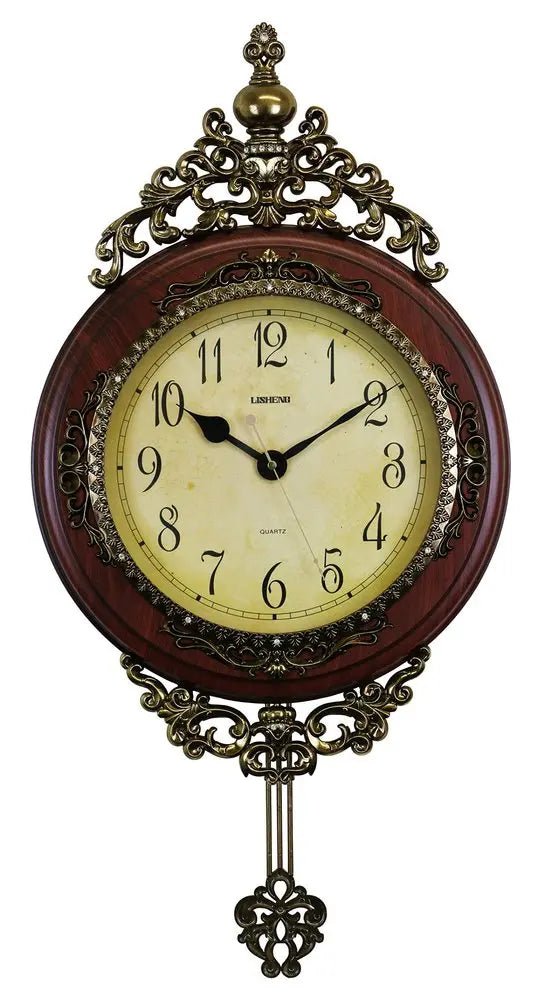15" Brown And Gold Resin Silent Pendulum Ornate Oval Wall Clock HomeRoots