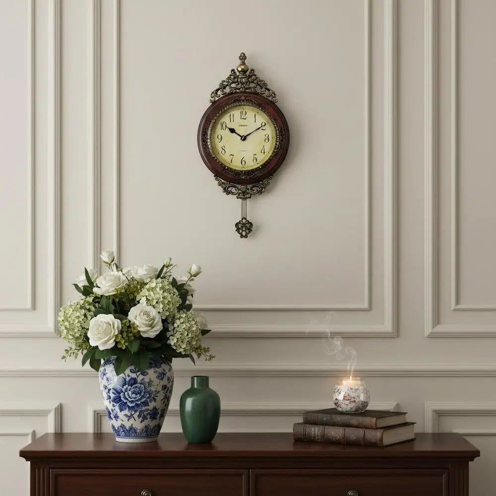 15" Brown And Gold Resin Silent Pendulum Ornate Oval Wall Clock HomeRoots