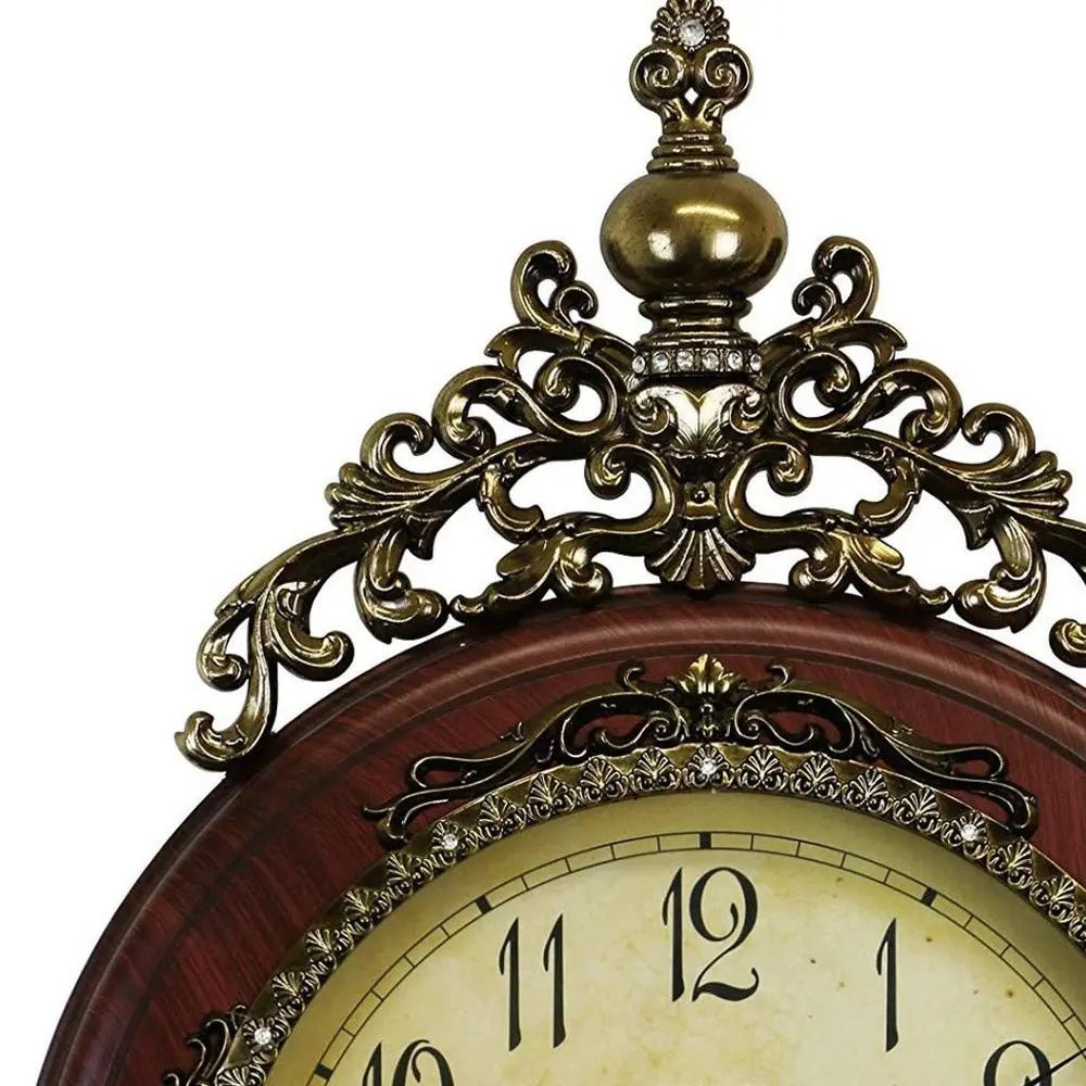 15" Brown And Gold Resin Silent Pendulum Ornate Oval Wall Clock HomeRoots