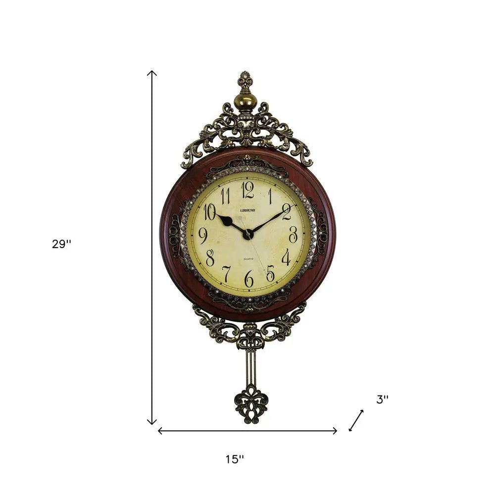 15" Brown And Gold Resin Silent Pendulum Ornate Oval Wall Clock HomeRoots