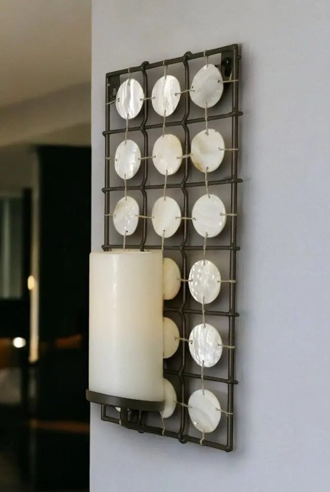 15" Brown And White Geometric Iron Wall Sconce Candle Holder With Candle - NOBLE HOME INTERIORS
