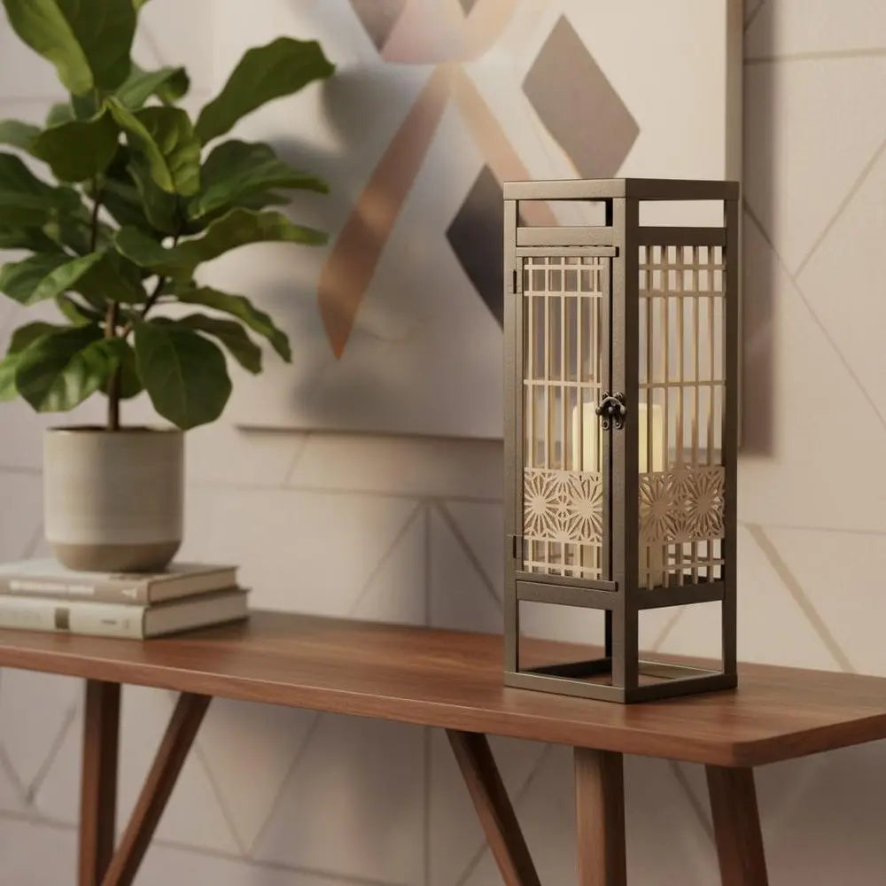 15" Brown Geometric Iron Tabletop Pillar Candle Holder - NOVA HOME FURNITURE