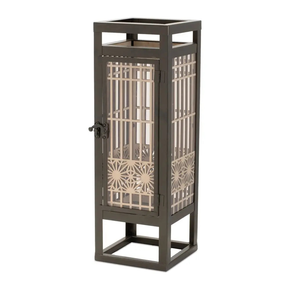 15" Brown Geometric Iron Tabletop Pillar Candle Holder - NOVA HOME FURNITURE
