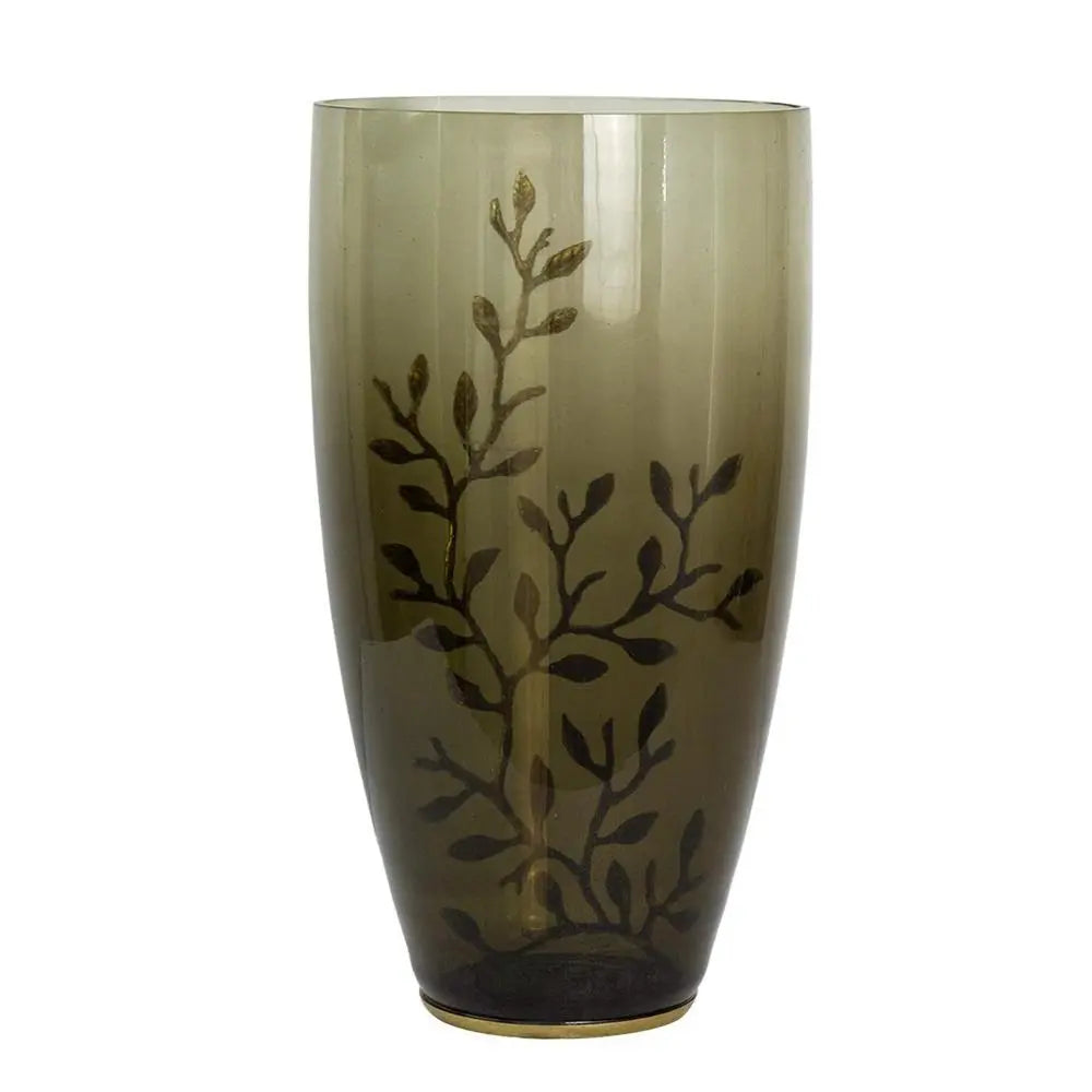 15" Dark Olive Green And Gold Branch Patterned Glass And Aluminum Table Vase - NOBLE HOME INTERIORS