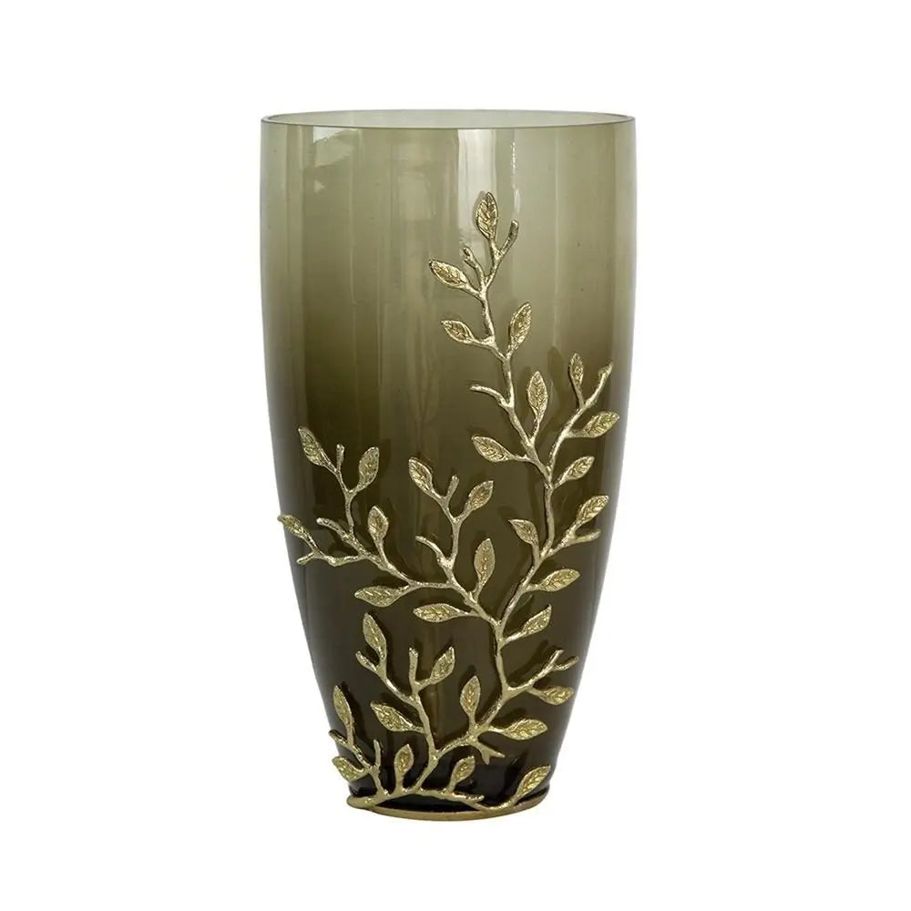 15" Dark Olive Green And Gold Branch Patterned Glass And Aluminum Table Vase - NOBLE HOME INTERIORS