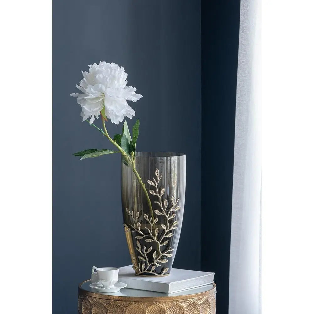 15" Dark Olive Green And Gold Branch Patterned Glass And Aluminum Table Vase - NOBLE HOME INTERIORS