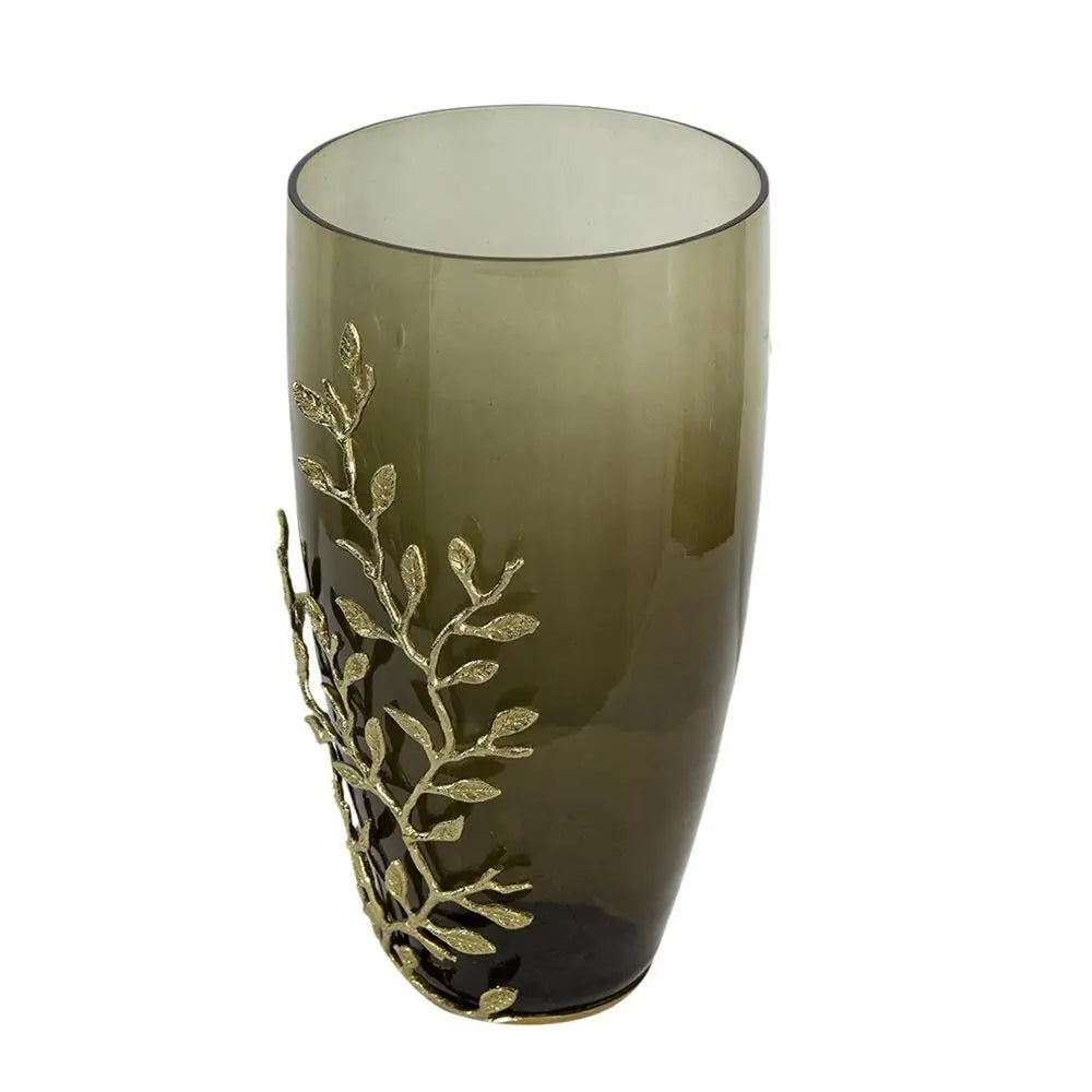 15" Dark Olive Green And Gold Branch Patterned Glass And Aluminum Table Vase - NOBLE HOME INTERIORS