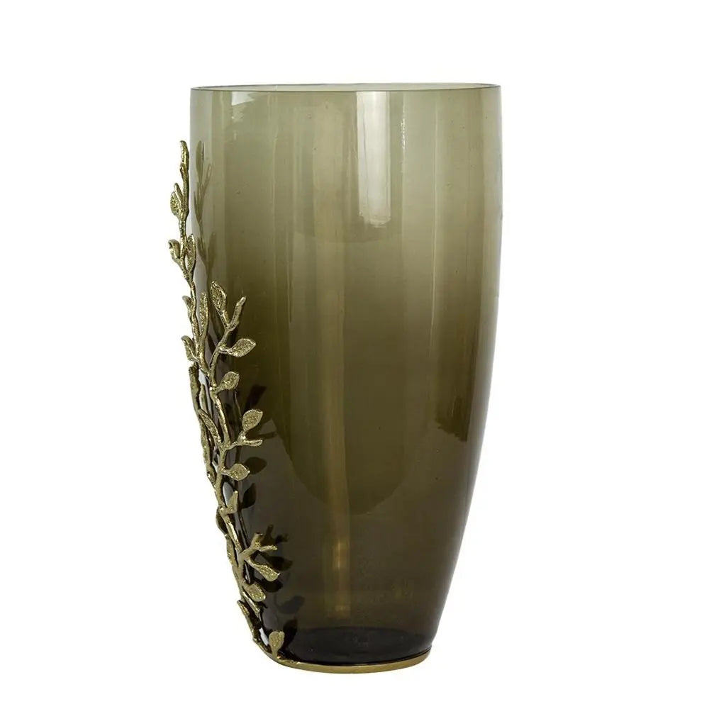 15" Dark Olive Green And Gold Branch Patterned Glass And Aluminum Table Vase - NOBLE HOME INTERIORS