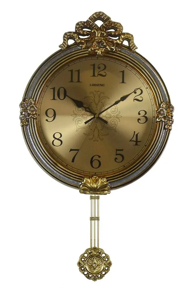 15" Gold And Silver Resin Silent Pendulum Ornate Round Wall Clock HomeRoots