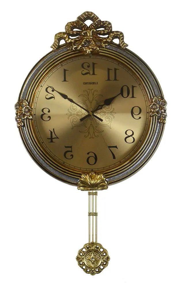 15" Gold And Silver Resin Silent Pendulum Ornate Round Wall Clock HomeRoots